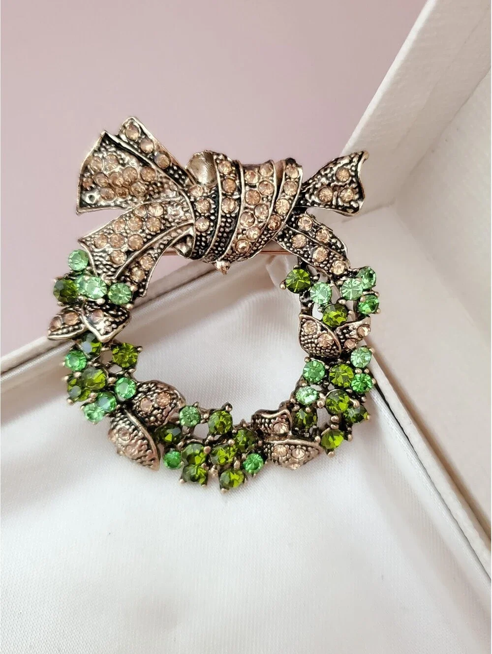 Vintage Green and Tan Rhinestone Bow Wreath Brooch